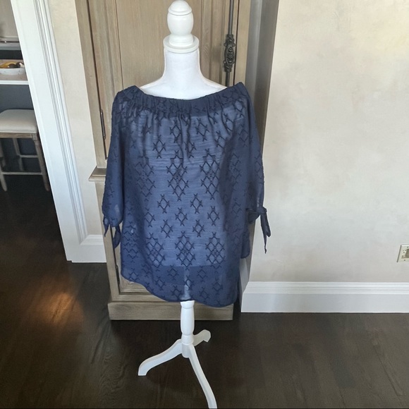 Eloquii Embroidered Off Shoulder Tie Sleeve Blouse Top in Navy plus size 18 - Picture 5 of 14